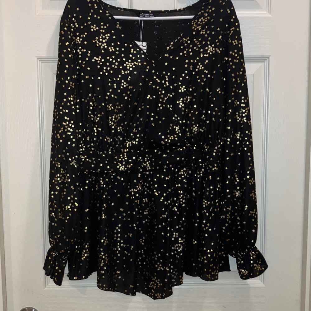BloomChic Black Gold Metallic Star Peplum Blouse V Neck Long Sleeve Holiday Plus